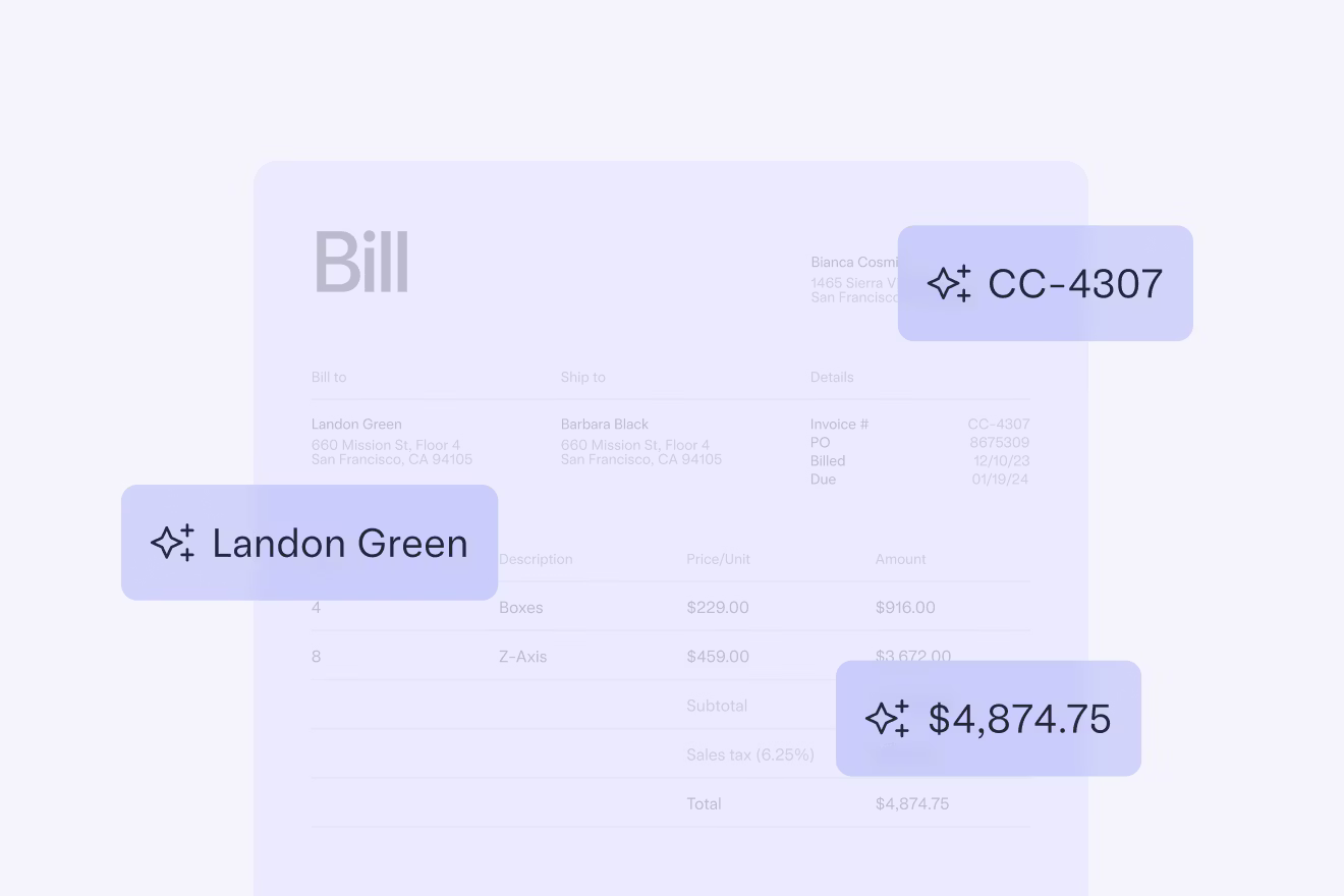 Fictional invoice highlighting three specific items: Item 1 - credit card number, item 2 - name, item 3 - total amount