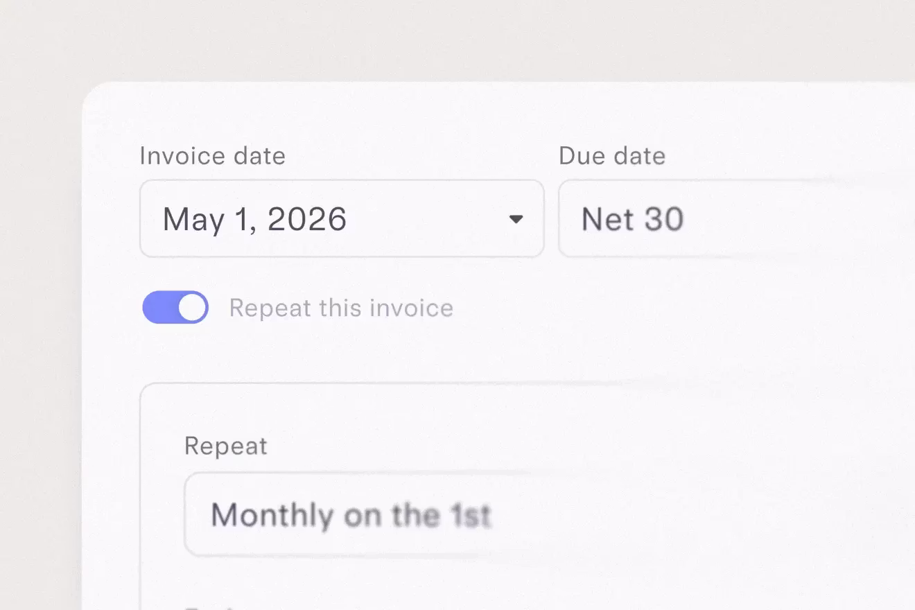 Illustration of the Invoicing flow with the date, payment terms, and repeat settings.